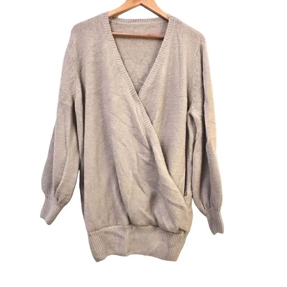 H&M Womens Pullover Sweater Surplice Crossover Knitted Long Sleeve Tan Large